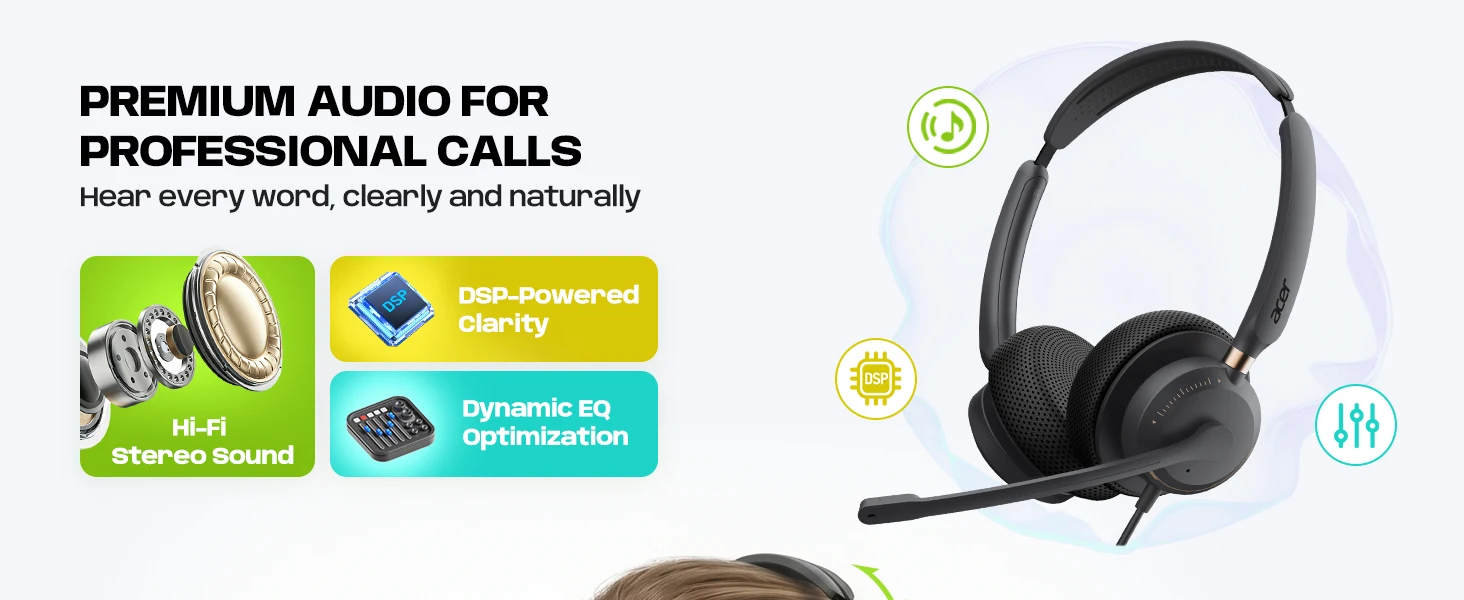 Acer USB-Computer-Headset mit Mikrofon für PC, Laptop, kabelgebundenes Headset für die Arbeit, 8 Fuß langes Kabel, Inline-Steuerung, kompatibel mit Teams, Zo – Detail 8