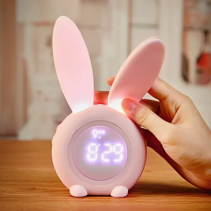 Bunny Ear Digital Alarm Clock LED Electronic LED Display Sound Control Cute Rabbit Night Lamp Snooze Desk Clock Home Decoration