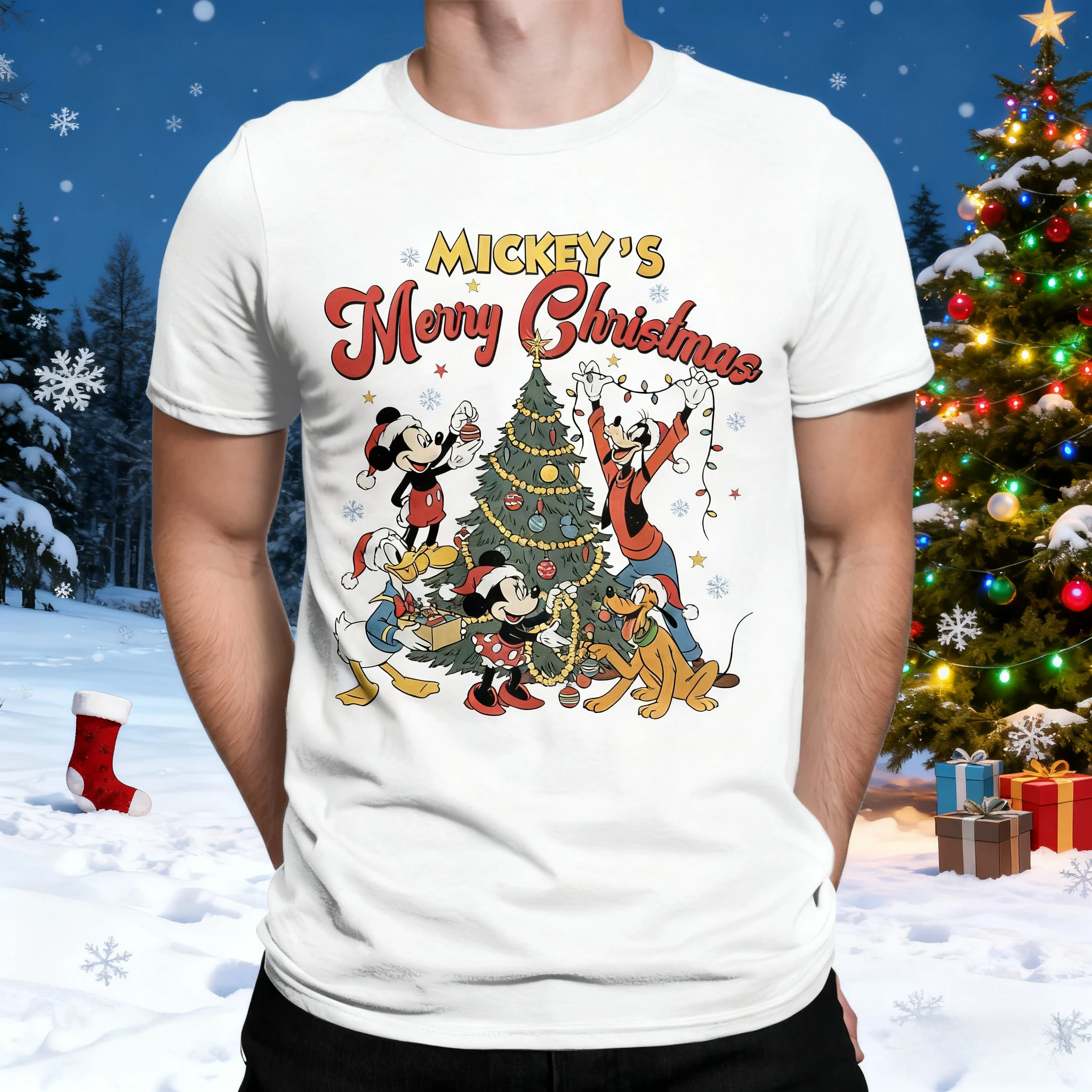 تي شيرت صيفي من القطن الخالص بأكمام قصيرة ميكي والأصدقاء لعيد الميلاد، تي شيرت رجالي، تي شيرت دونالد داك بلوتو برقبة دائرية