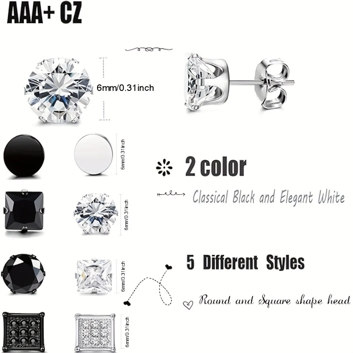 5 Pairs Stainless Steel Stud Earrings For Men, Cubic Zirconia Round Square Stud Earrings, Holiday Party Gift
