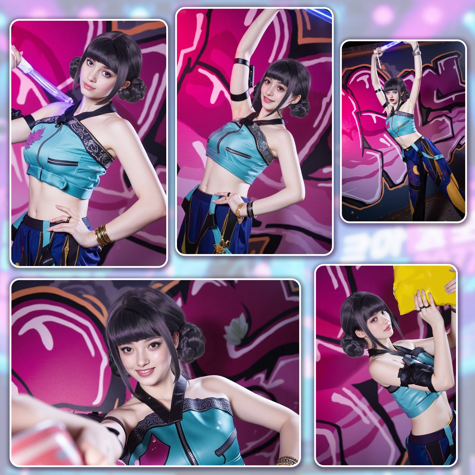 

﻿Synthetic Wig Kpop Girl Group Cosplay Wig Halloween Christmas Women,Short Black and Purple Straight Hair with Double Buns