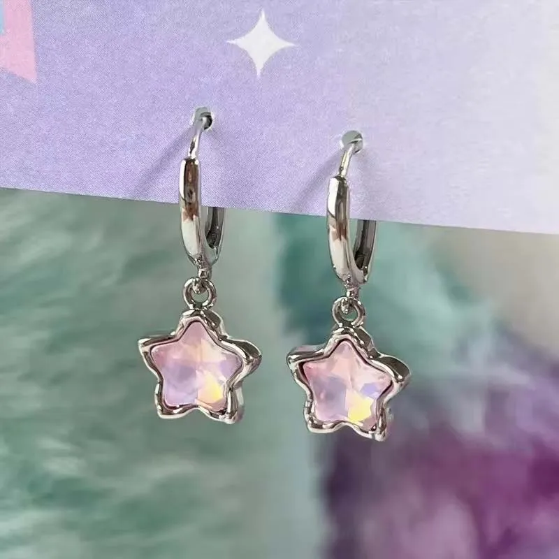 Kpop Y2K Pink Moonlight Stone Star Pendant Earrings