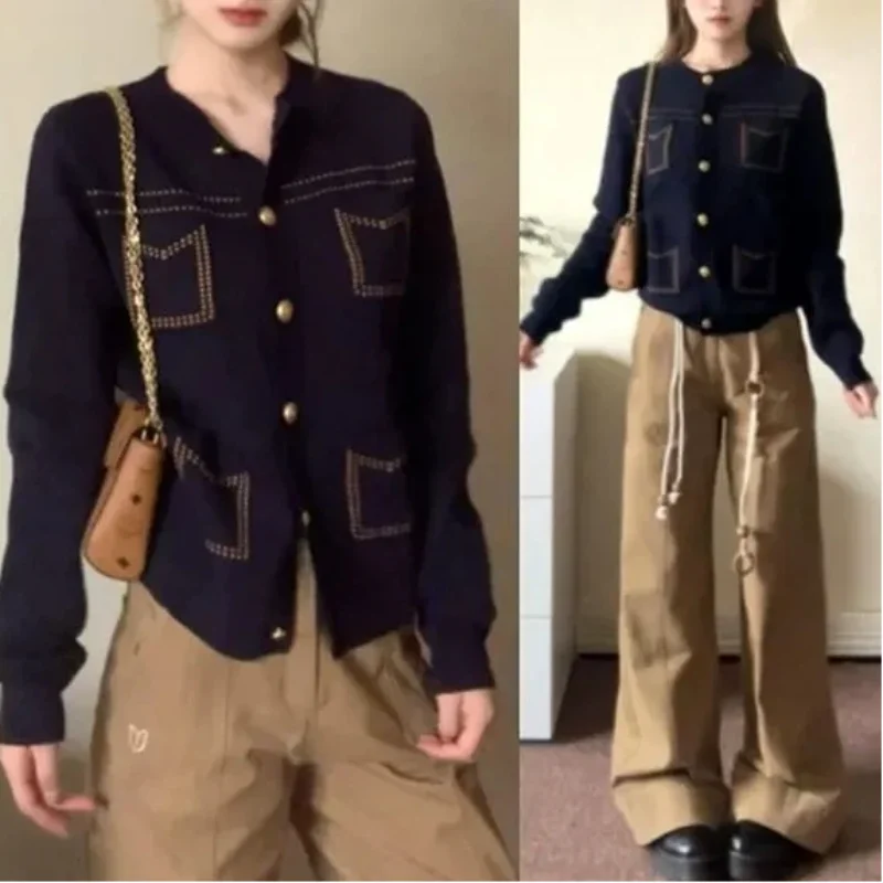 

New Women's French Style Knitted Cardigan Top High End Fashion Versatile Unique Long Sleeve Sweater Coat for Spring and Autumn