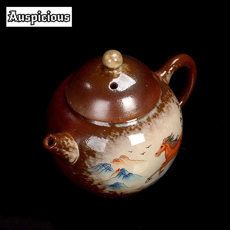 230ml Hand-painted Horse Teapot Handmade Wood-fired Porcelain Pot Traditional Tea Soaking Kettle Chinese Tea Set Decoration Gift