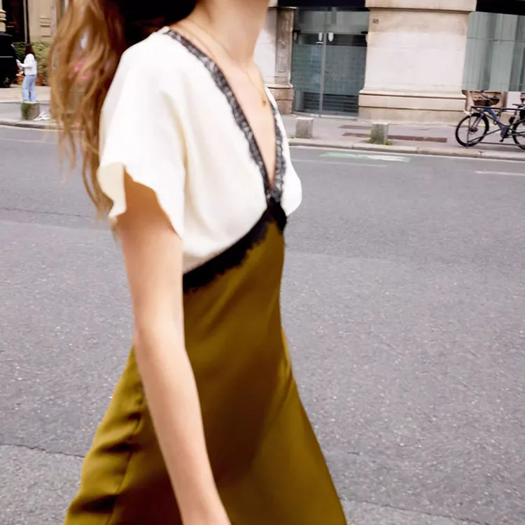 Z 2025 가을 신상 여성 패션 배색 레이스 실크 새틴 느낌 드레스 반팔 데일리룩 중국산