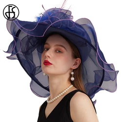 FS Navy Green Church Hats For Women Elegant Organza Wide Brim Kentucky Derby Hat Ladies Formal Wedding Bride Cap Chapeau Femme