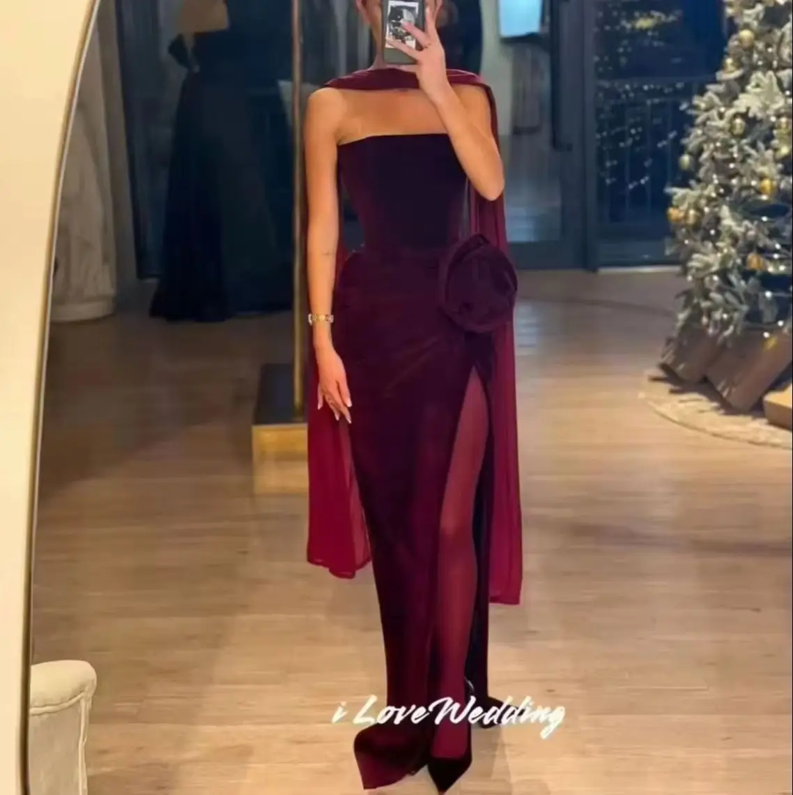 

Burgundy Strapless Evening Dresses 2025 Velvet Sleeveless Flower Mermaid Split Pleated Floor-length Split Party Dress Customized