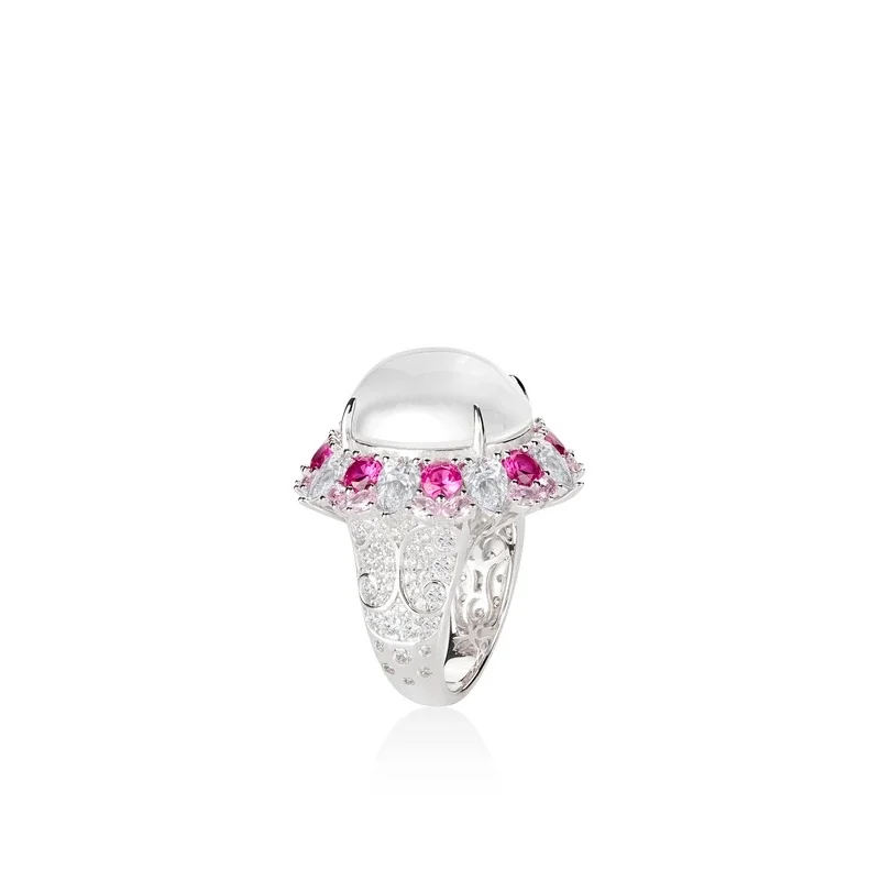 Bellux 925 Silver Synthetic Zircon Ring Chalcedony Cabochon Four Claw Pink White Full Diamond Luxury Flower Rings