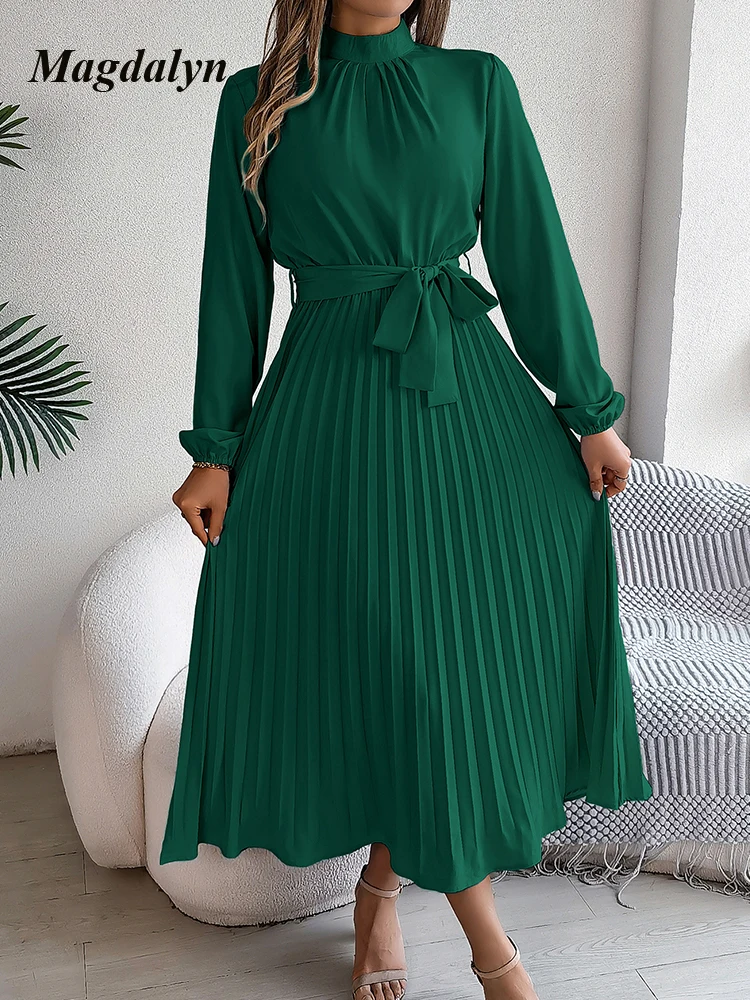 Magdalyn Elegant Womens Party Dresses Stand Collar Long Sleeve Fashion Pleated Long Dress Soild Luxury Autumn and Winter Dresses