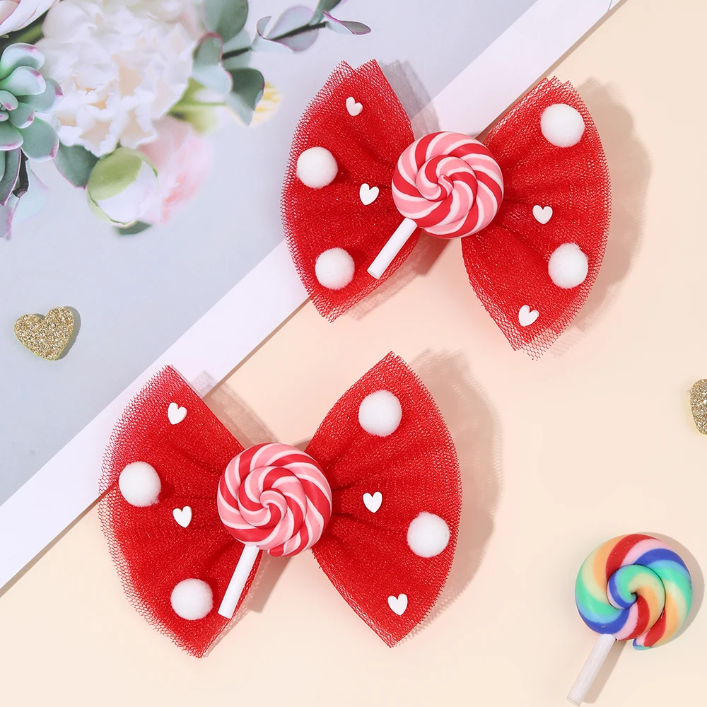 2Pcs Cute Lollipop Bow Hair Clips Sweet Mesh Bow Heart Hairpins Pom-Pom Accent Barrette For Girls Children Hair Accessories