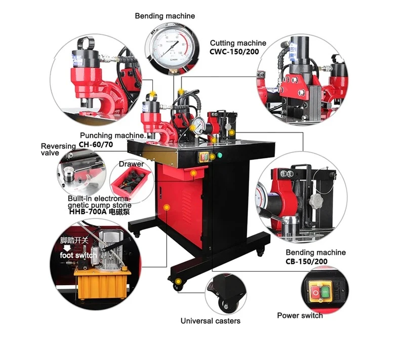 Cutter Combined Busbar Hydraulic Pressure Punch Hole Tools Bending Equipment 110 / 220V DHY-150D 3-In-1 Processing Machine