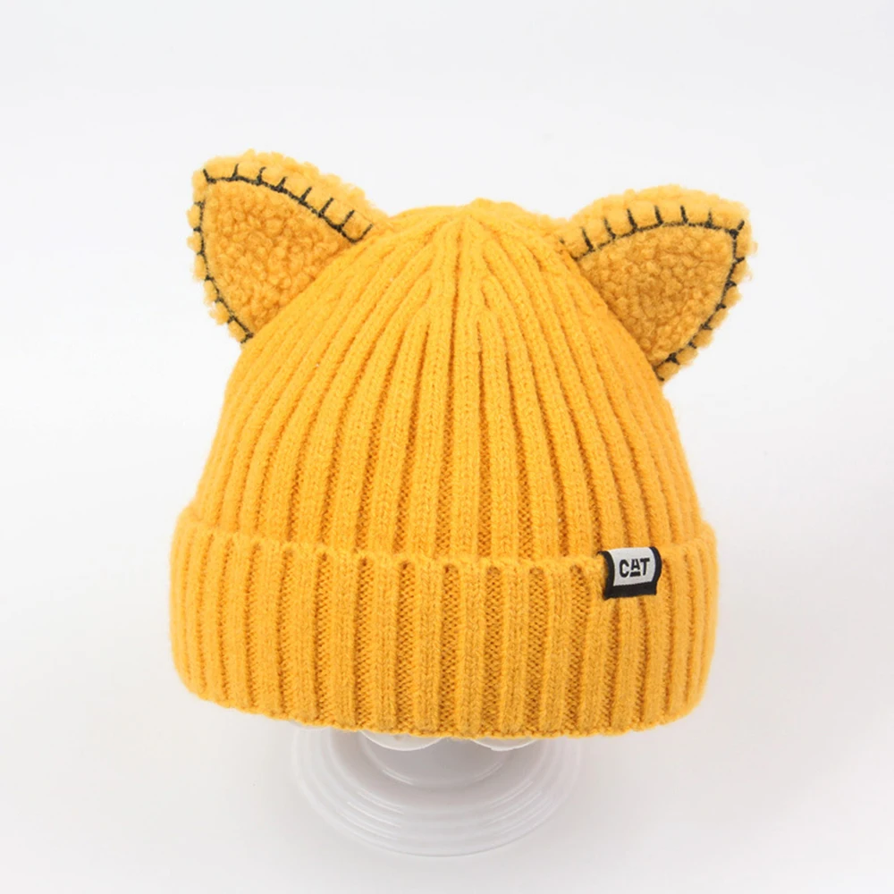 

Cute Hat with Ears Warm Female Cap Knitted Winter Cat Skullies Hat Winter 2022 Woman Outdoor Beanies Hat Panama Lady Cap