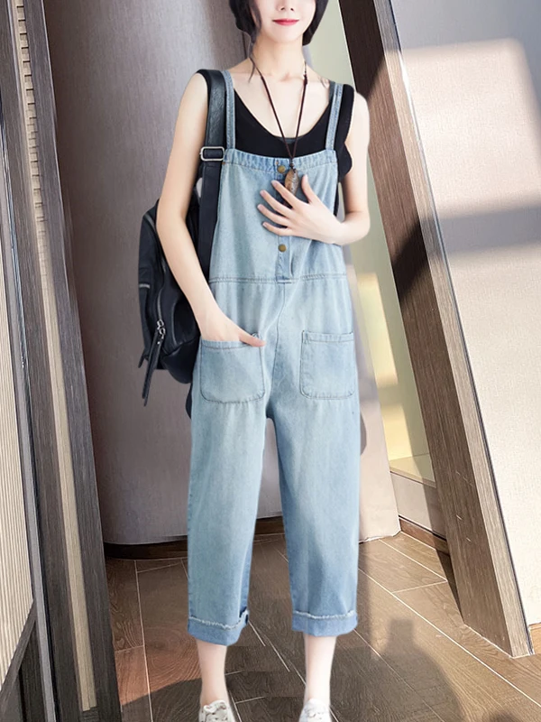 

Loose Wide Leg Denim Overalls Women's Spring Summer New Sle plus Size High Waist Nine Points Pants Casual Cool Feeling
