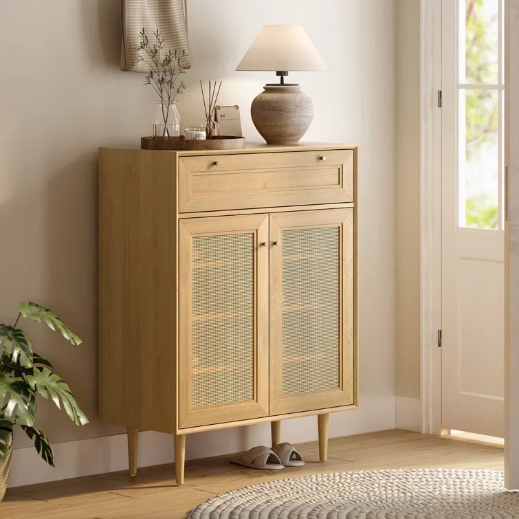 

Rustic Design Japanese Style Ample Storage Space Wooden Rattan Shoe Cabinet for Entry Room