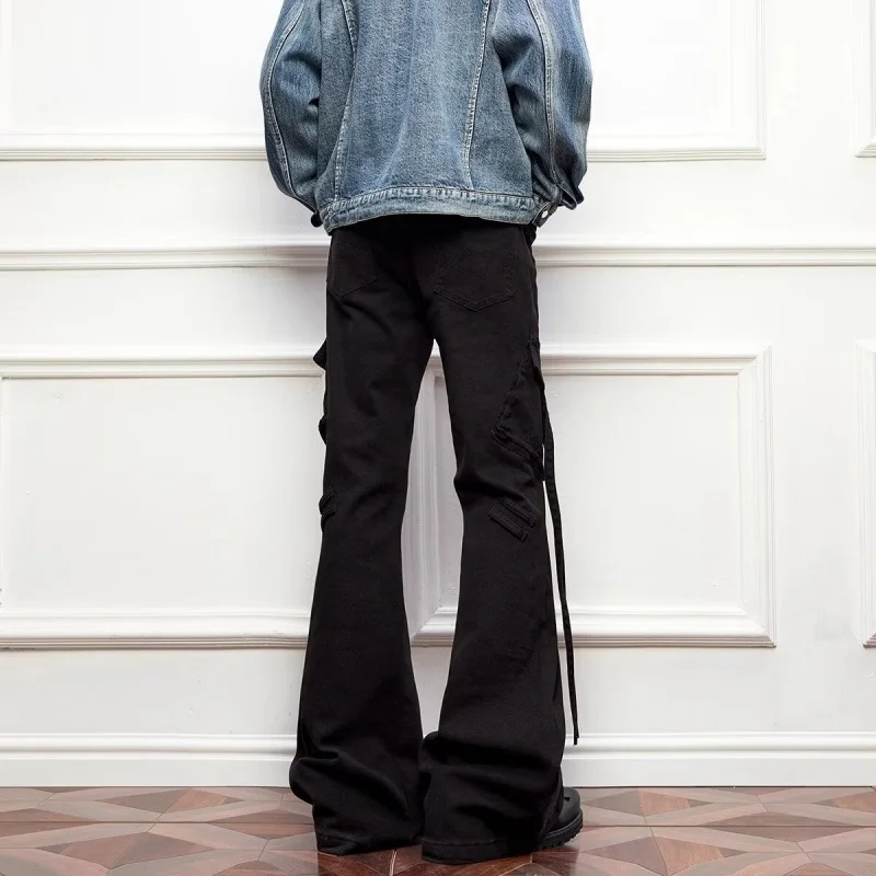 2026 Japanese Y2K Style Ribbon Design Black Slim Cargo Jeans Pants For Men Clothing Streetwear Cotton Long Trousers Moda Hombre