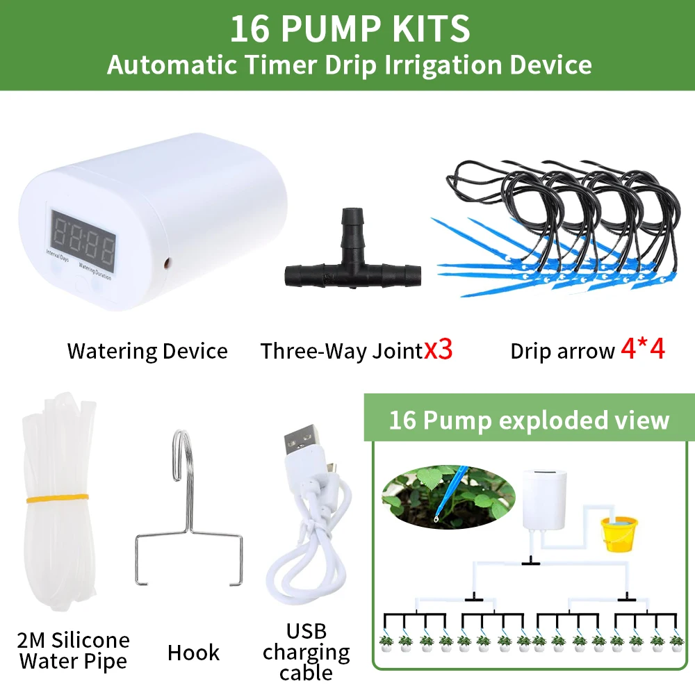 Automatische Plant Bloem Watering Pomp Thuis Sprinkler Druppelirrigatie Apparaat 2/4/8/16 Heads pomp Timer Systeem Kit Tuin Gereedschap