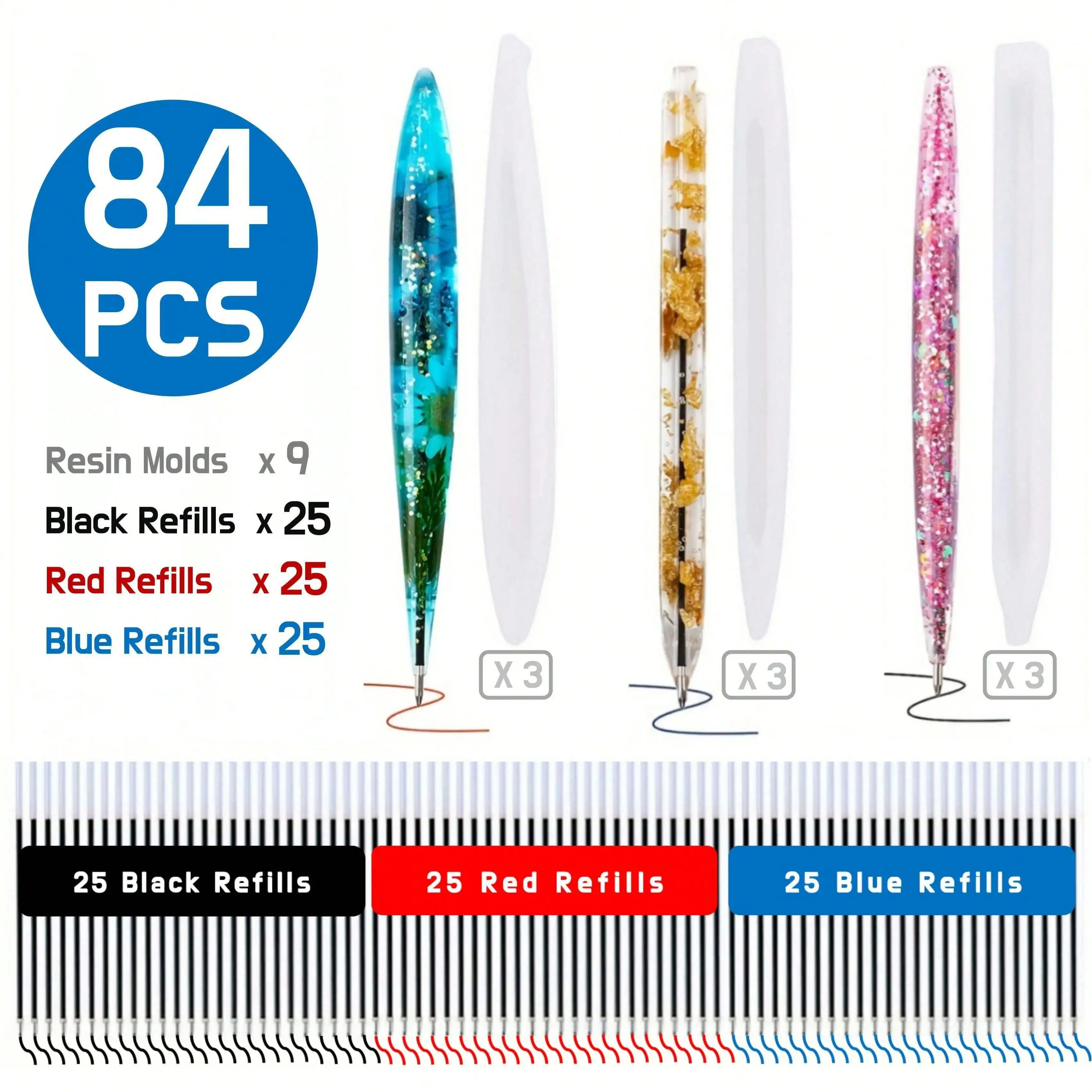 9Pcs Transparent Pen Silicone Molds, 75 Three-Color Pen Refills, Dried Flower Resin Decoration Crafts DIY Ballpoint Pen Casting Silicone Molds, Epoxy Resin Molds for Jewelry Making Ballpoint Pen Silicone Mold Resin Casting Mold for DIY Resin Crafts Making. Creative Birthday Gifts for Family and Friends, Unique Pens. Experience DIY Stress-Relief Activities, Reuse Them Repeatedly.