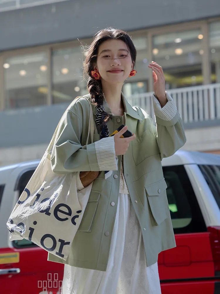 

een Jaet Outerwear Women's Mid-Length Casual Design Korean Loose Spring Winter Top Button Closure Long Sve Pure Color