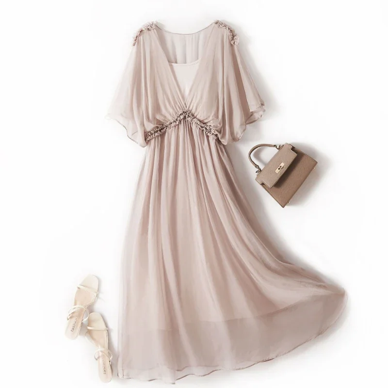 

100% Silk Dress New Fashion Summer Dresses For Women 2024 High Quality Casual Dress Women Elegant Midi Dress Vestido Feminino Lq