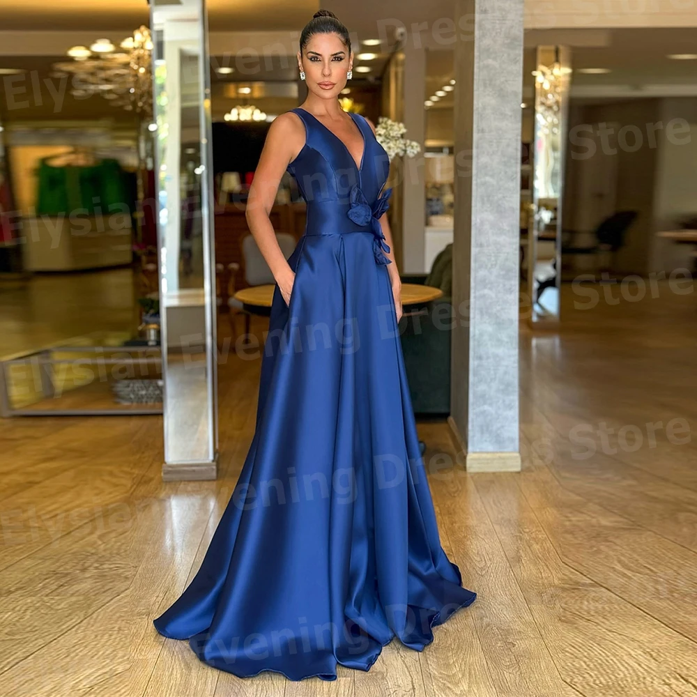 

Beautiful Blue A Line Women's Evening Dresses Sleeveless Prom Gowns Customized Party Sexy V Neck Backless Vestidos Para Mujer