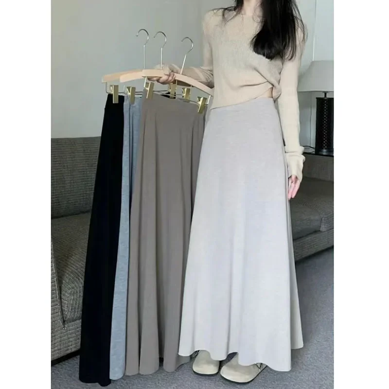 Lucyever Vintage Gray Knitted Midi Skirts Women 2023 New High Waist Slimming A-Line Skirt Woman Elegant Solid Droop Long Skirts