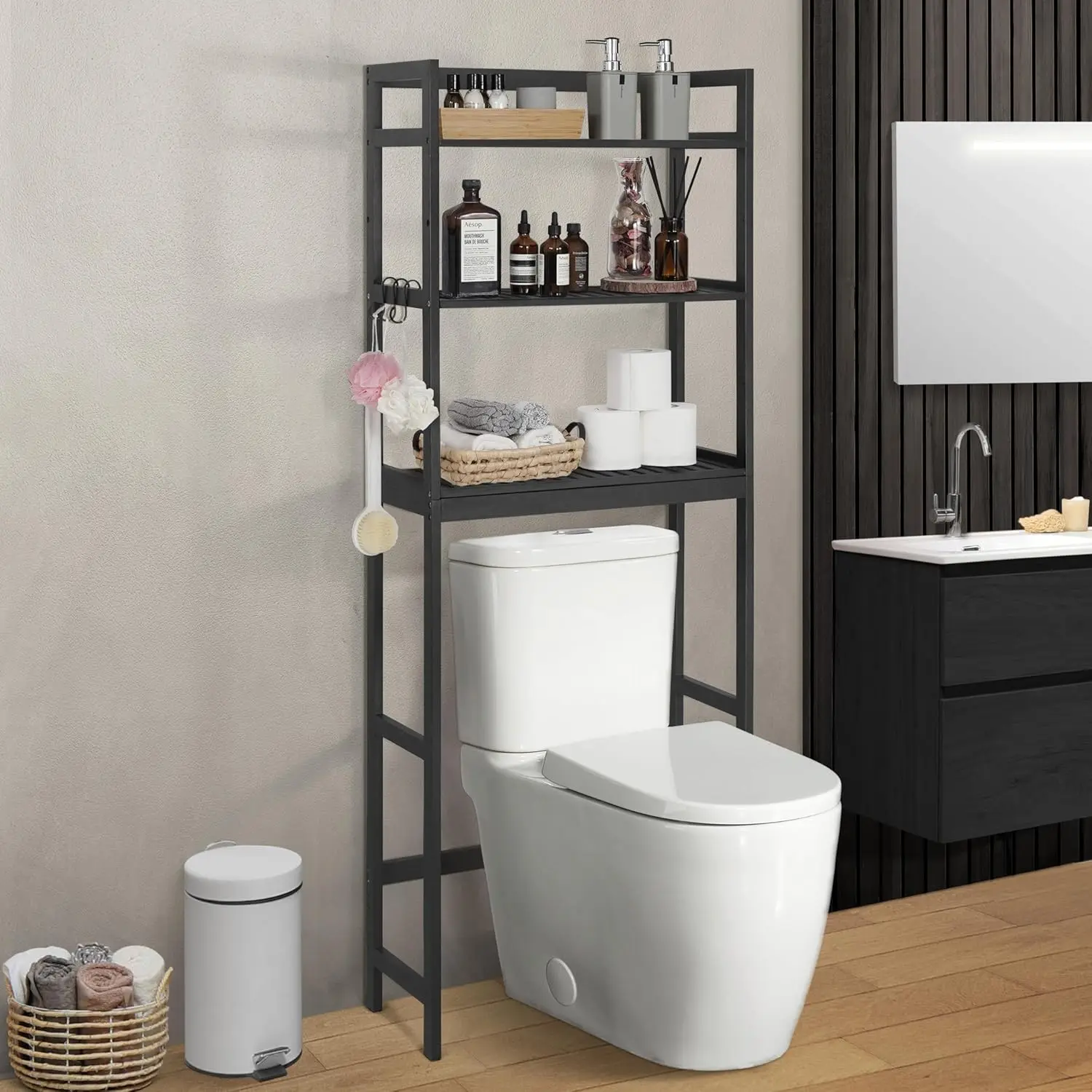 

Трехъярусная полка для хранения над унитазом с регулируемыми ножками и крючками, бамбуковая, для ванной, прачечной, балкона, черная, на заказ