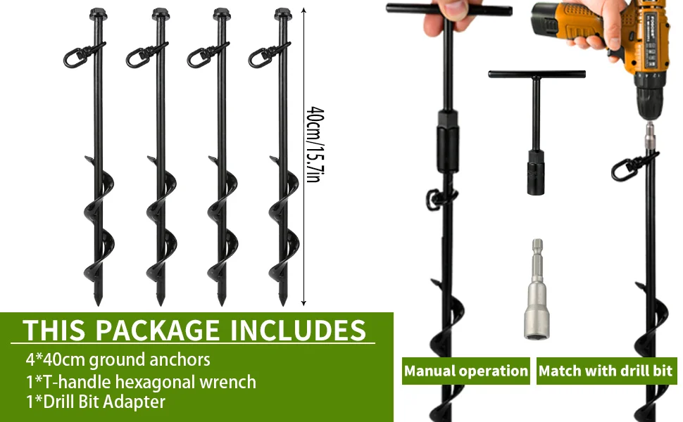 4er-Pack 40 cm Schraub-Bodenanker für Trampolin mit Schaukeladapter und Kreuzgriff, Stahl-Schaukel-Set-Anker – Detail 3