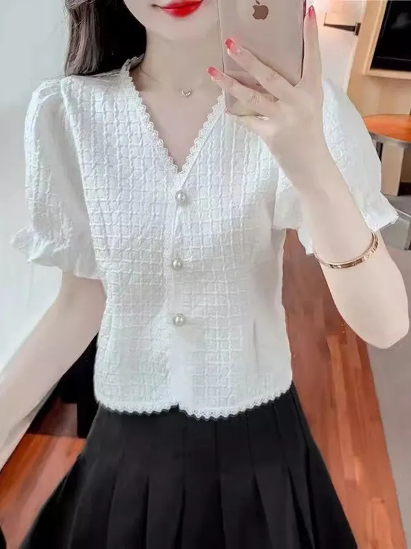 Csa Corta con Efecto Adeazante, Cuello en V, Manga Abullonada, Ribete de Encaje, Estilo Coreano, Hoada, con Estampado ...