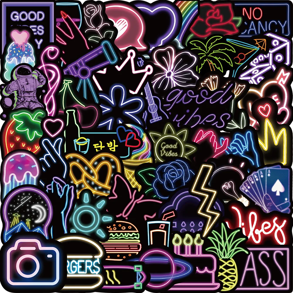 10/30/50pcs Neon Light Graffiti Stickers Mix Cartoon Waterproof Decals DIY Skateboard Helmet Diary Sticker Aesthetic Sticker
