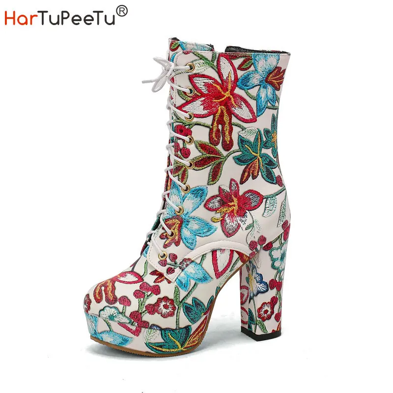 2022 New Women Ankle Boots Big Size Super High Heels Lace Up Platform PU Shoes Thick Bottom Ethnic Embroider Floral Booties