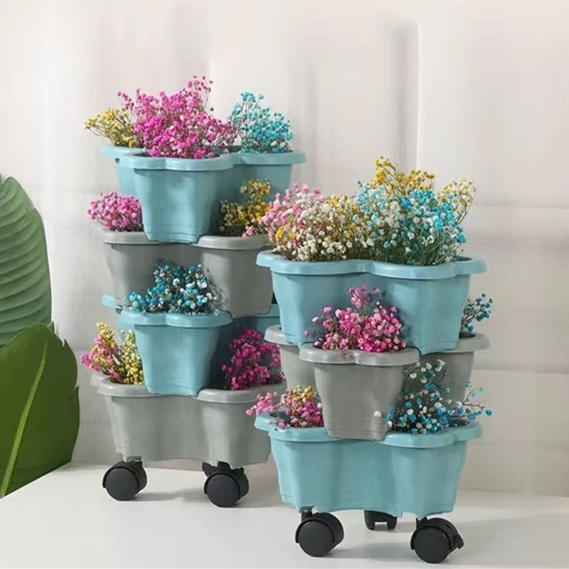 Multi Layered Heart-shaped Petal Shape Plastic Flower Pot Color Stereoscopic Combination with Pulley Plant Plastics Flowerpot