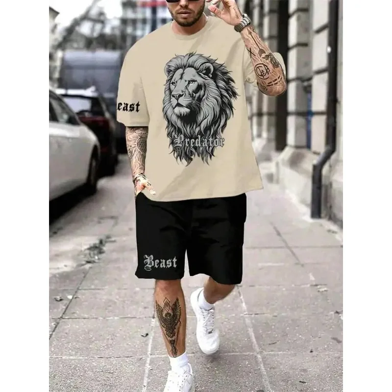 2025 New 3D Printed Men's T-shirt Shorts Set Casual Sportswear Summer Animal Print Loose Fit Short Sleeved Shorts Two-piece Set