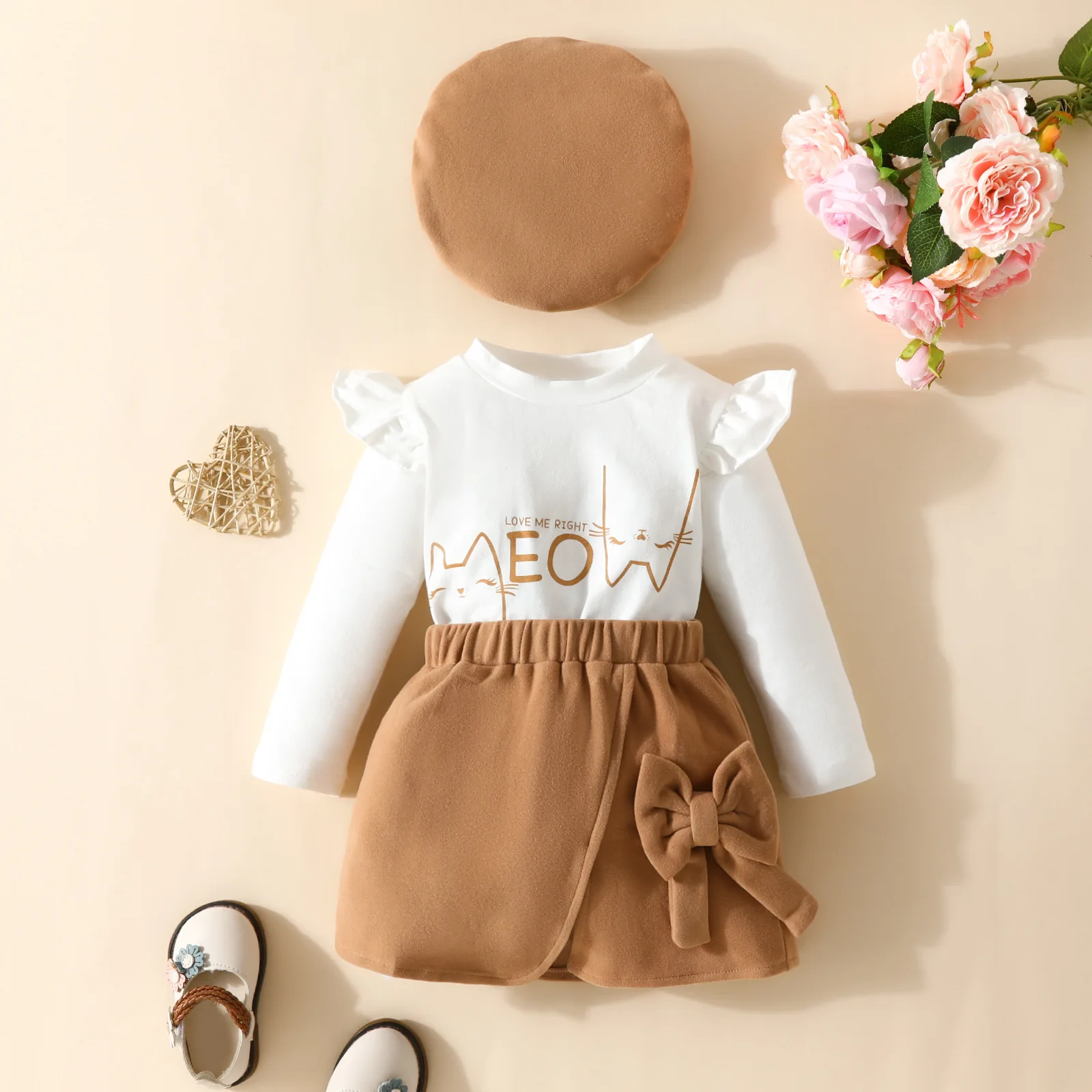 6-18months  Infant  Autumn and Spring Baby Girls Long Sleeve Letter Top Cat Peint Plush Skirt Beret Three-piece Set