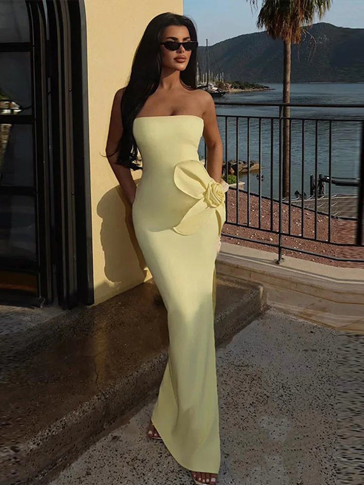 Woman Dress High-end With Chest Pads Green Dress Waist Three-dimensional Flower Design Beach Dress Elegant Evening Dress