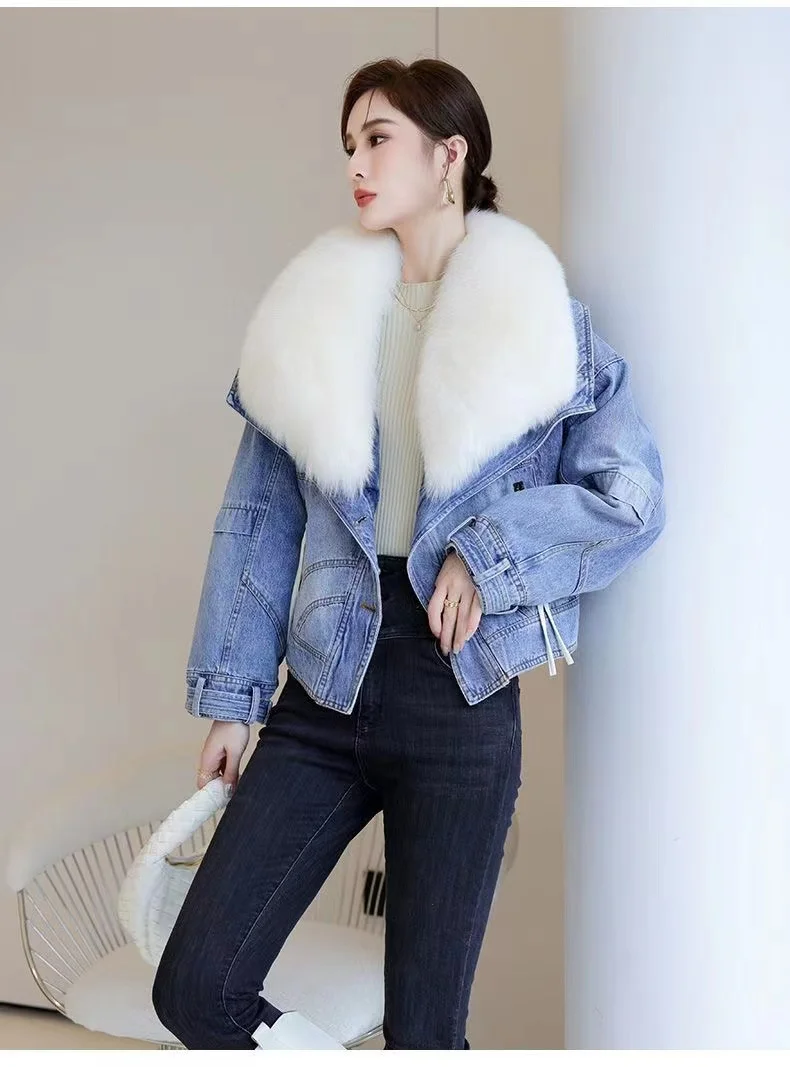 2023 Winter Women New Luxury Natural True Fox Fur Big Collar Goose Down Denim Down Jackets Short Warm Casual Jacket Coat