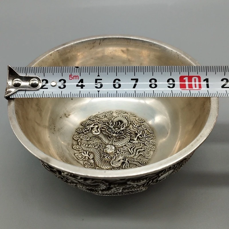 Embossed from Qianlong Era of the Qing Dynasty, Home Decorative Ornament, Alloy Double Dragon Bowl