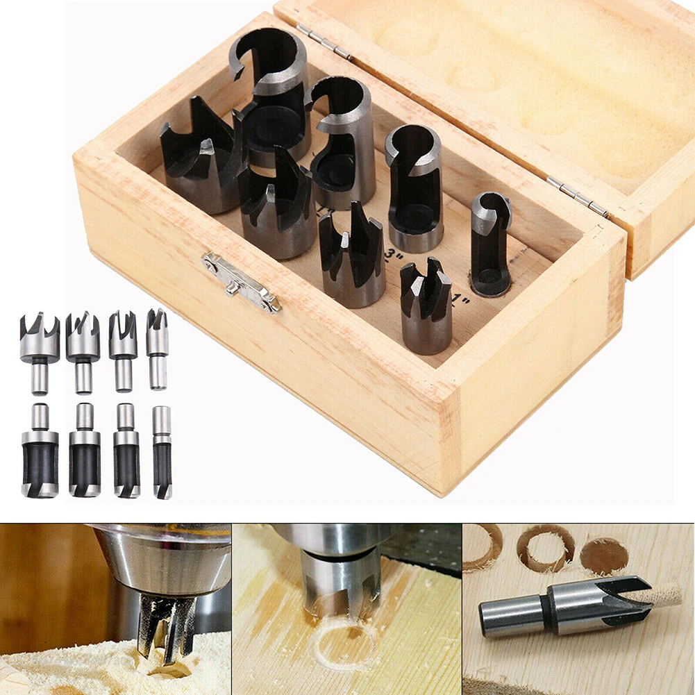 

8Pc Wood Plug Hole Cutter Set Dowel Maker Tool Shank Drill Bits In Wooden Case For Bench Drill And Electric Hand Drill