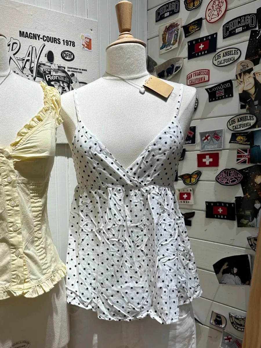 

Сексуальная майка в горошек для женщин, новый летний белый v-образный вырез, повседневная хлопковая майка с открытой спиной, женский универсальный тонкий милый жилет, топы