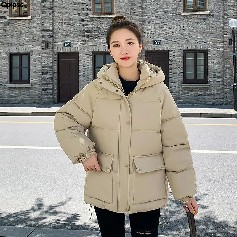 

Autumn Winter Women's Stand Collar Hooded Warm Parka Jackets Solid Big Pocket Button Ladies Zipper Loose Cotton Coat