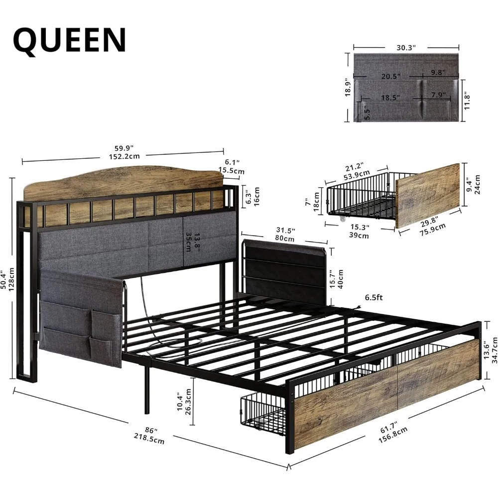 Queen Bed Frame with Guardrail & Bedside Caddy, Headboard with Charging Station, No Box Spring Needed, Metal Platform Bed