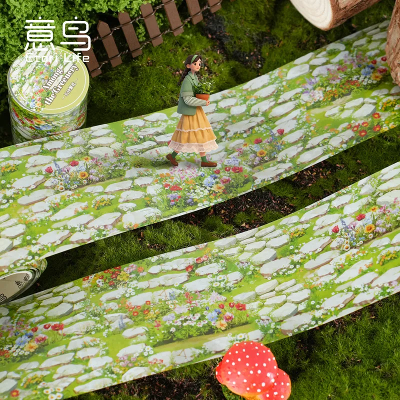 Stroll Green Lawn Series White Ink Washi Tape Stone Road Landscape Tape for DIY Scrapbook Journal Decoration