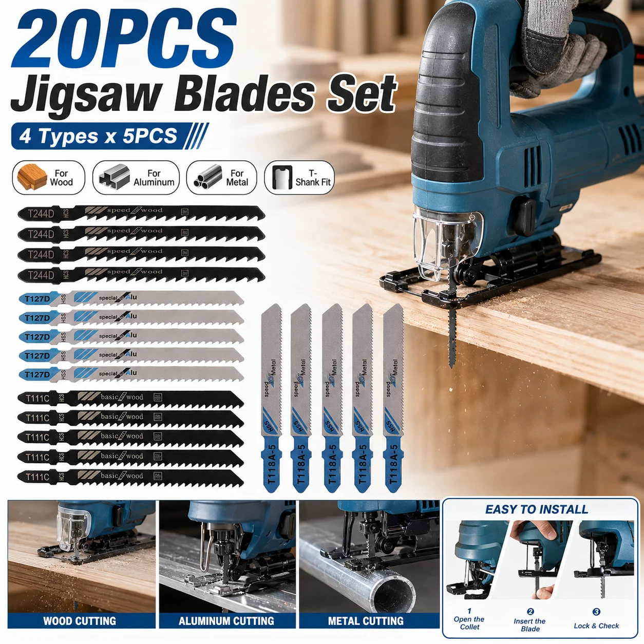 T-Shank Jigsaw Blades Set - Assorted HCS & HSS Blades for Cutting Wood, Metal, Plastic, PVC - Storage Case, Fit Bosch Makita DeW