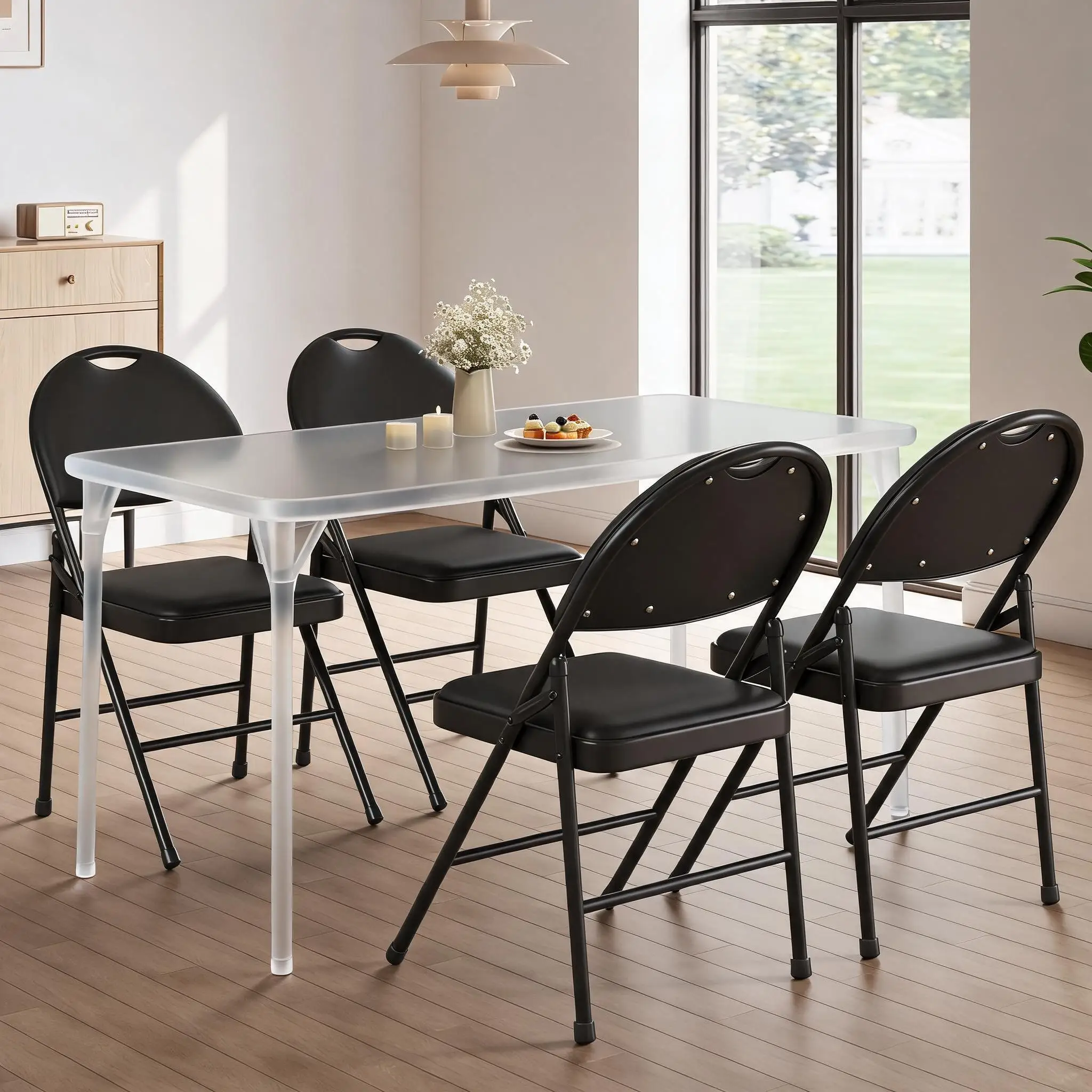 4 Pack Folding Chairs with Metal Frame, Padded Cushion & Backrest, 350 Lbs Capacity PU Leather Upholstered Foldable Chairs, Portable Event Chairs with Non-Slip Feet Pads for Wedding, Party, Office & Gathering