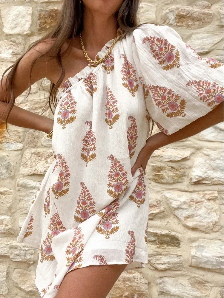 Foridol One Shoulder Tree Printed Loose Casual Summer Dress Women Lantern Sleeve Fashion Beach Short White Vestidos Sundress