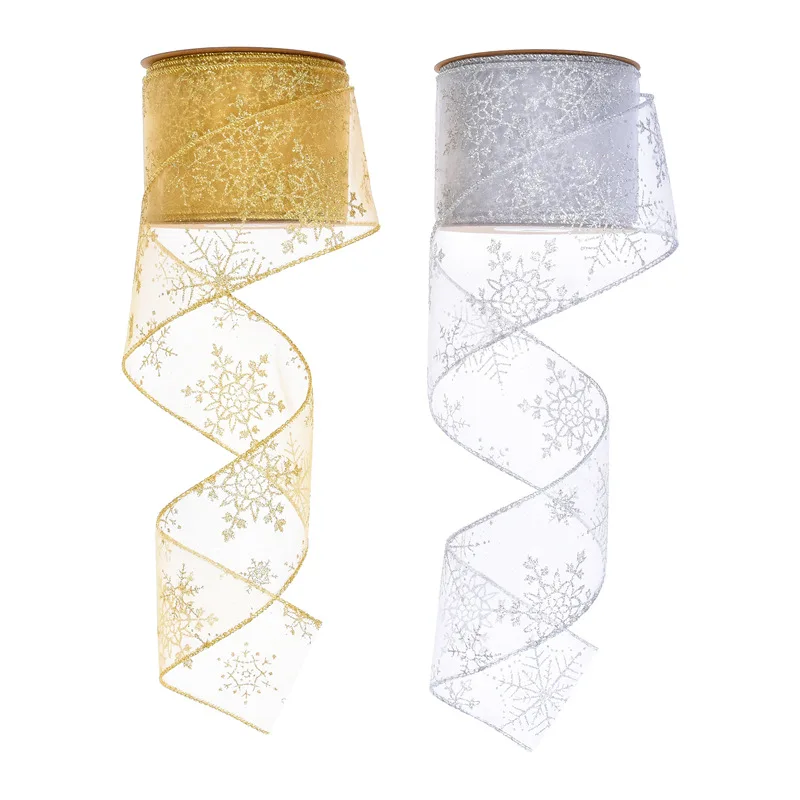 9m Sparkling Silk Ribbons Gold Silver Snowflake Christmas Tree Decoration Gift Box Packaging Ribbon Bow Tie Material