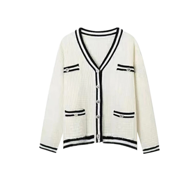 Cárdigan de mujer con botón pulido, bolsillo frontal falso, cuello en V, suéter de punto de una sola botonadura, abrigo, traje elegante de Otoño Invierno
