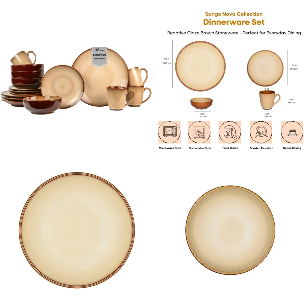 

Набор керамической посуды, 16 предметов, коричневый керамический набор столовой посуды для 4 кружек, тарелок, мисок, прочная современная посуда, идеально подходит для