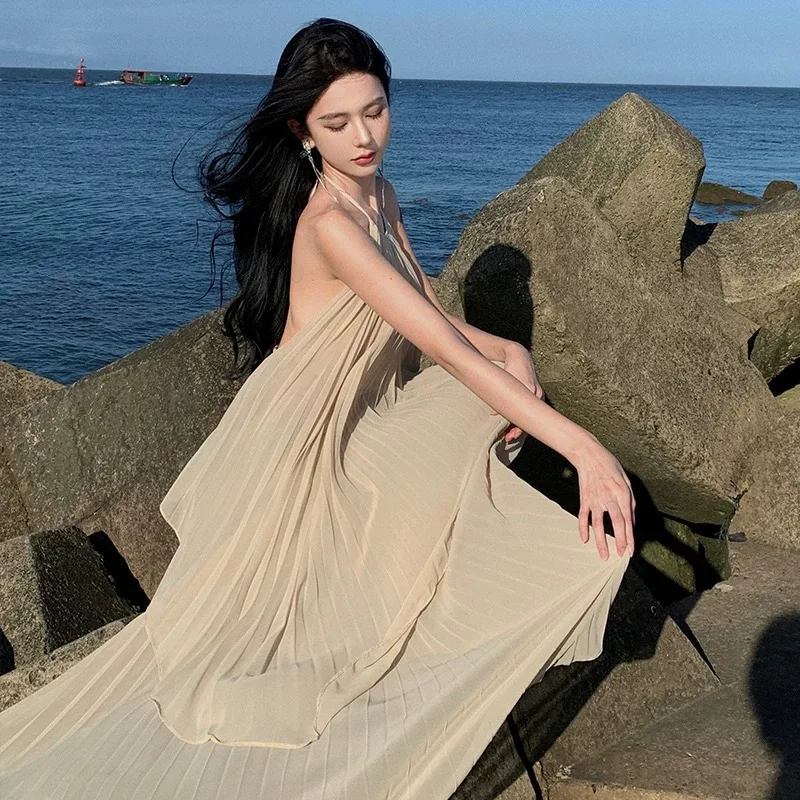 Female Summer Beach Vacation Sets Flowy Skirt Hanging Neck Top Sets Women Allure Open Back Sets Dinner Banquets Party Date Sets