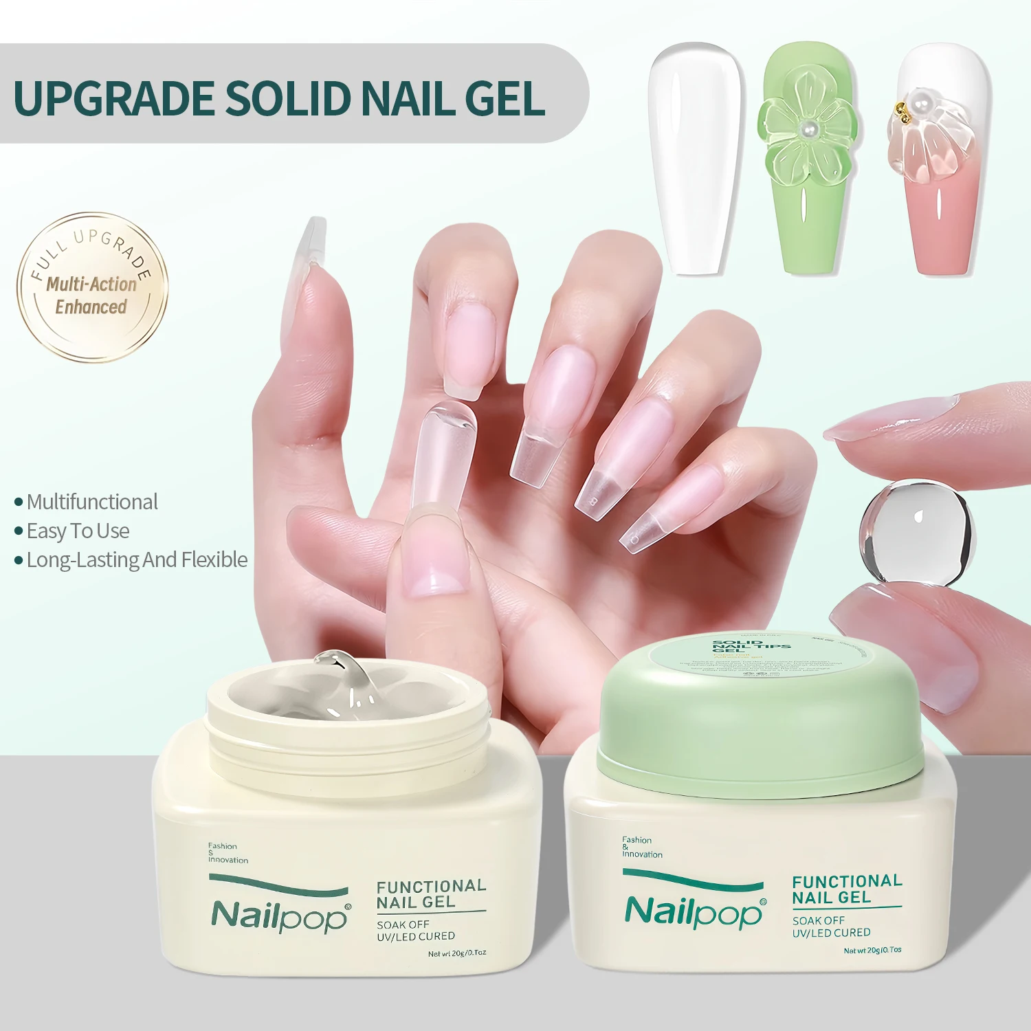 Nailpop Solid Nail Gel Glue for Press On Nails Strong Adhesive Clear Gel Tip Adhesive UV Gel Long-Lasting No Damage 20g (1/3pcs)