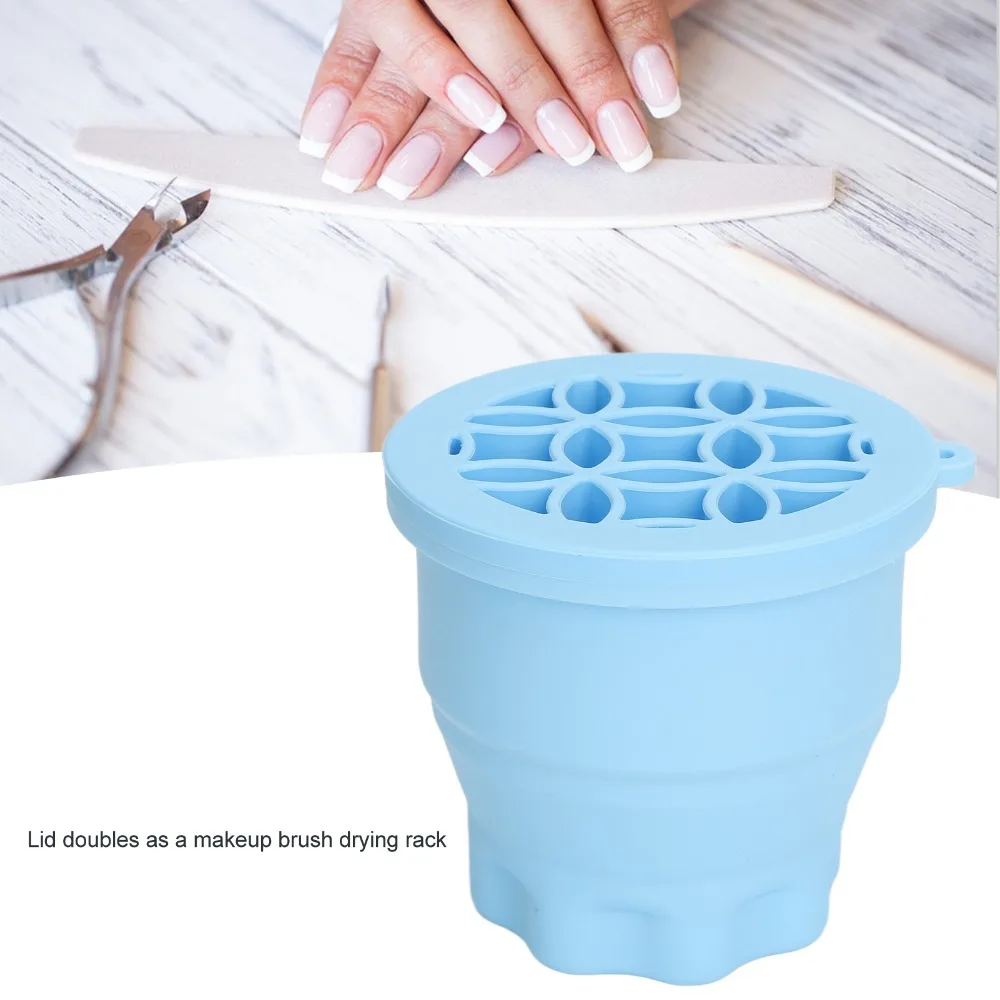 2 In 1 Integrated Makeup Brush Cleaning Mat Blue Silicone Portable Travel Friendly Cosmetic Brush Cleaner Bowl
